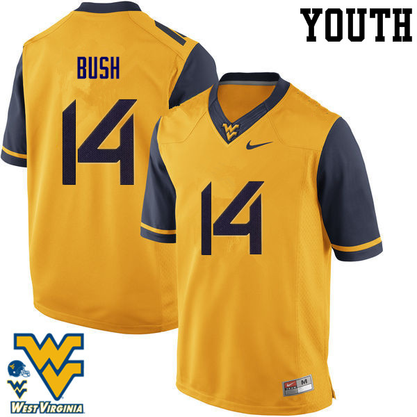 Youth #14 Tevin Bush West Virginia Mountaineers College Football Jerseys-Gold - Click Image to Close
